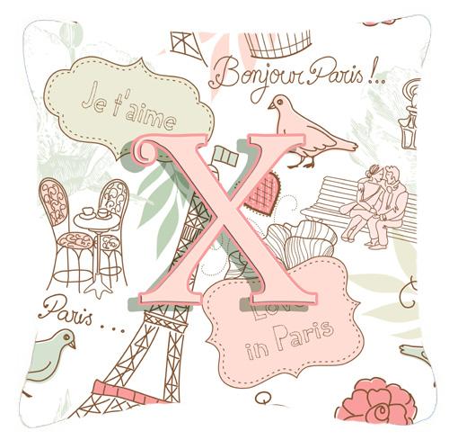 Letter X Love in Paris Pink Canvas Fabric Decorative Pillow by Caroline&#39;s Treasures