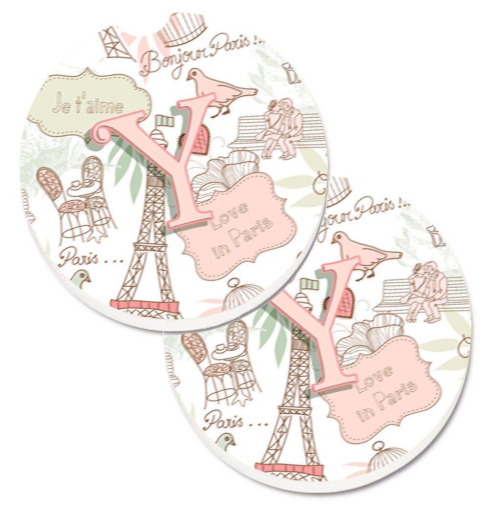 Letter Y Love in Paris Pink Set of 2 Cup Holder Car Coasters CJ2002-YCARC by Caroline's Treasures
