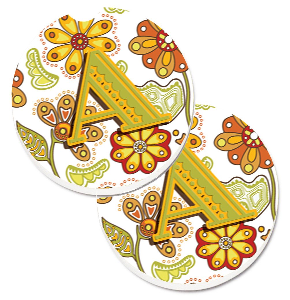 Letter A Floral Mustard and Green Set of 2 Cup Holder Car Coasters CJ2003-ACARC by Caroline&#39;s Treasures
