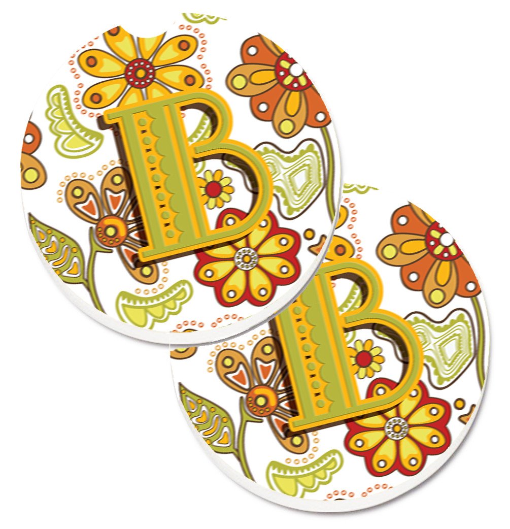 Letter B Floral Mustard and Green Set of 2 Cup Holder Car Coasters CJ2003-BCARC by Caroline's Treasures