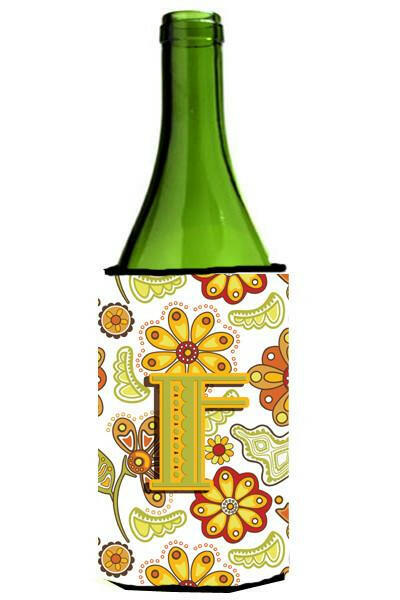 Letter F Floral Mustard and Green Wine Bottle Beverage Insulator Hugger CJ2003-FLITERK by Caroline's Treasures
