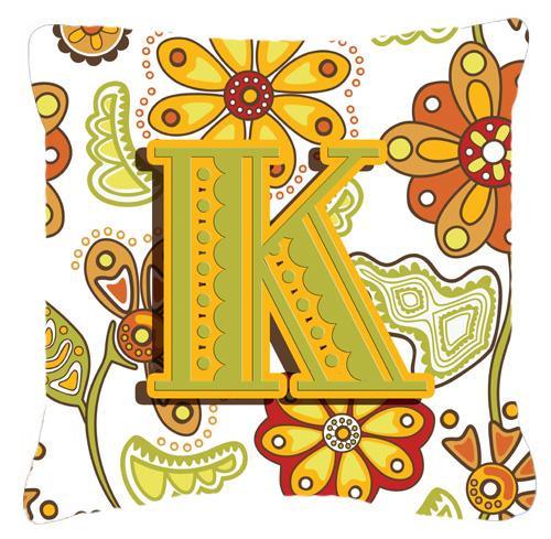 Letter K Floral Mustard and Green Canvas Fabric Decorative Pillow by Caroline&#39;s Treasures