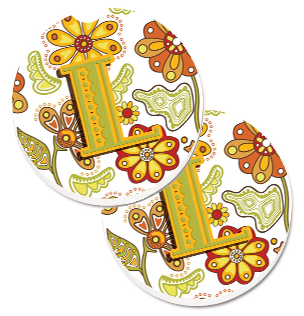 Letter L Floral Mustard and Green Set of 2 Cup Holder Car Coasters CJ2003-LCARC by Caroline&#39;s Treasures