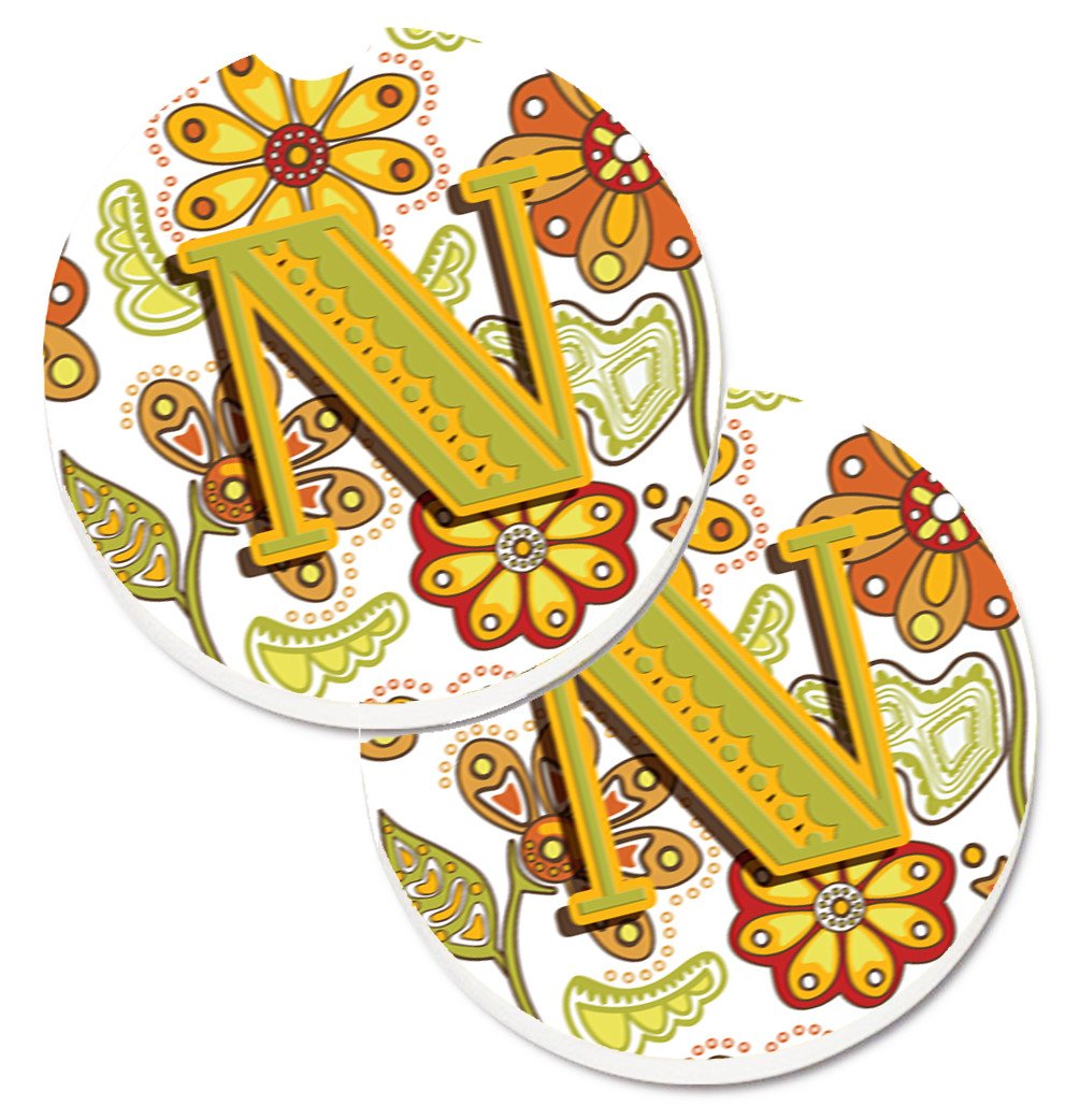 Letter N Floral Mustard and Green Set of 2 Cup Holder Car Coasters CJ2003-NCARC by Caroline's Treasures
