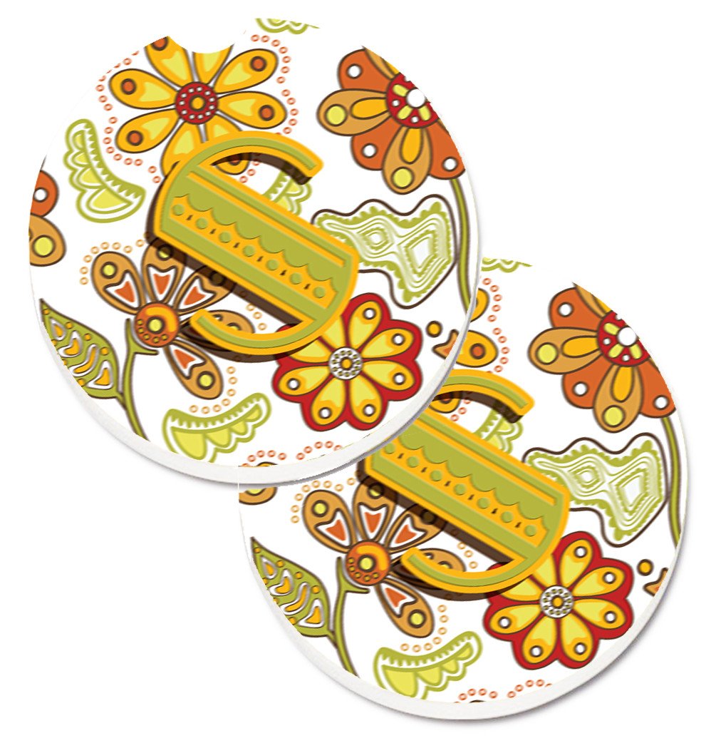 Letter S Floral Mustard and Green Set of 2 Cup Holder Car Coasters CJ2003-SCARC by Caroline's Treasures