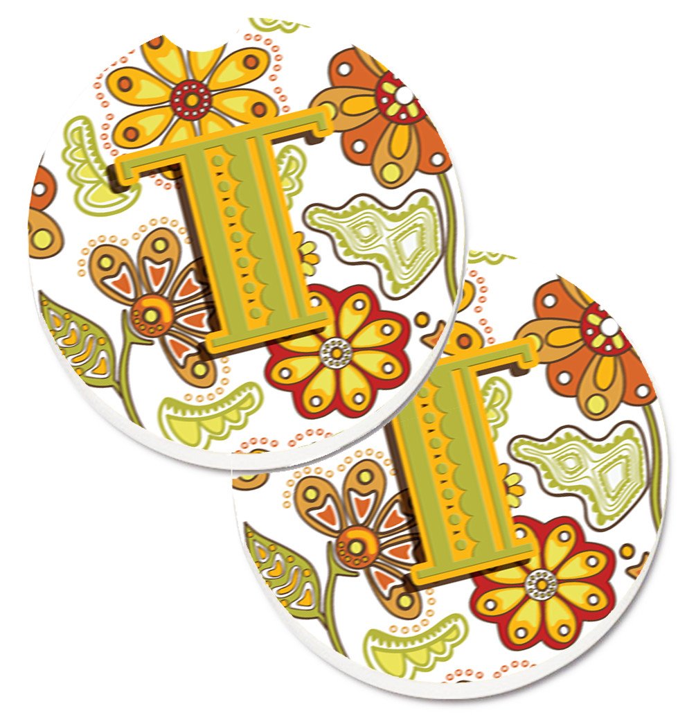 Letter T Floral Mustard and Green Set of 2 Cup Holder Car Coasters CJ2003-TCARC by Caroline's Treasures