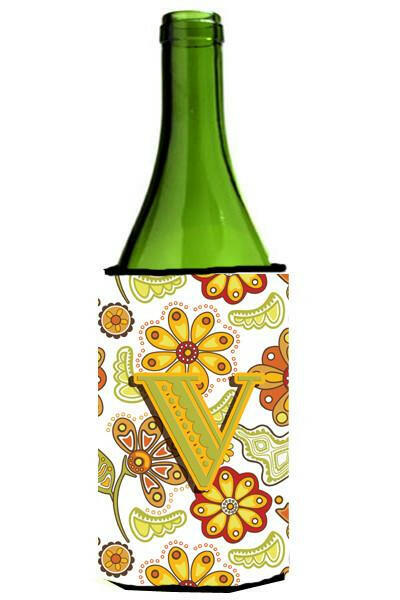 Letter V Floral Mustard and Green Wine Bottle Beverage Insulator Hugger CJ2003-VLITERK by Caroline's Treasures