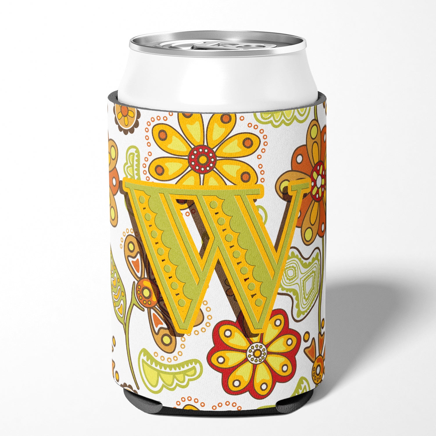 Letter W Floral Mustard and Green Can or Bottle Hugger CJ2003-WCC.