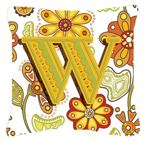 Letter W Floral Mustard and Green Canvas Fabric Decorative Pillow by Caroline&#39;s Treasures