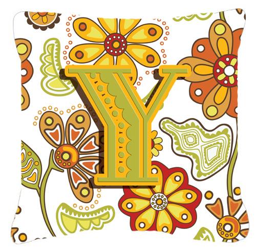 Letter Y Floral Mustard and Green Canvas Fabric Decorative Pillow by Caroline&#39;s Treasures