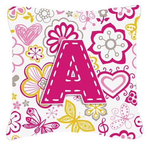 Letter A Flowers and Butterflies Pink Canvas Fabric Decorative Pillow by Caroline's Treasures