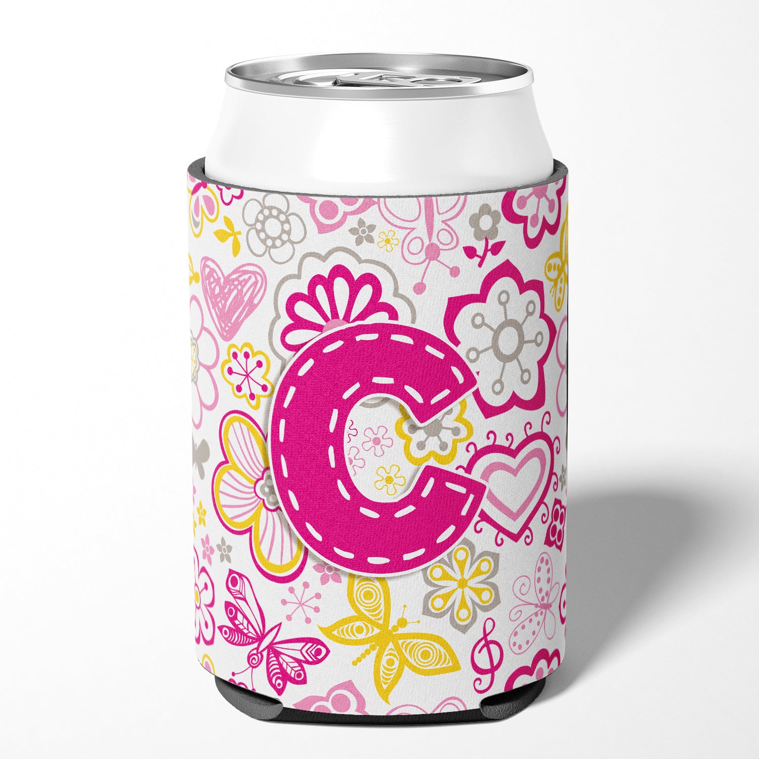 Letter C Flowers and Butterflies Pink Can or Bottle Hugger CJ2005-CCC.