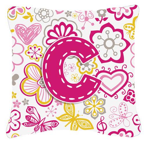 Letter C Flowers and Butterflies Pink Canvas Fabric Decorative Pillow by Caroline's Treasures