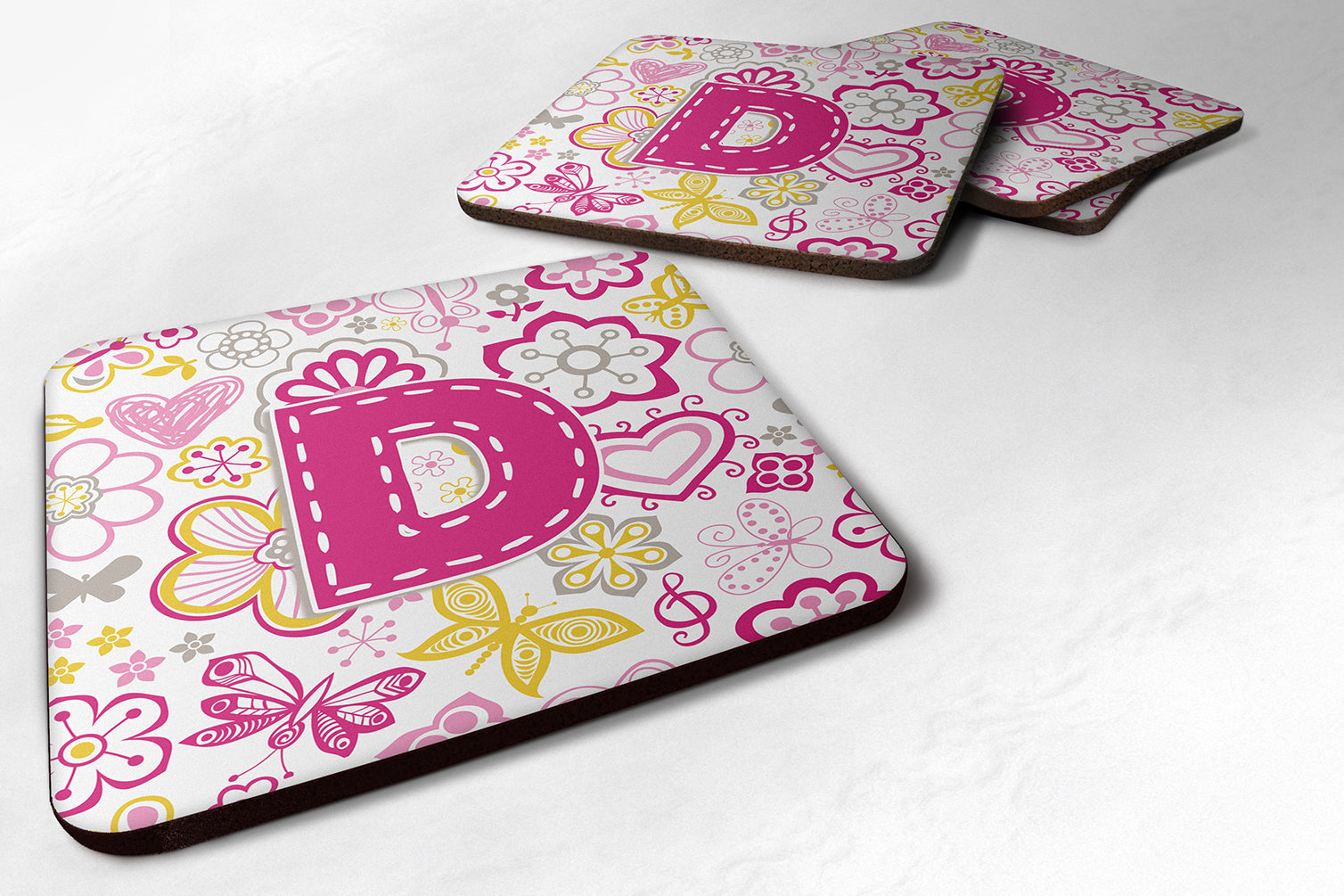 Set of 4 Letter D Flowers and Butterflies Pink Foam Coasters CJ2005-DFC - the-store.com