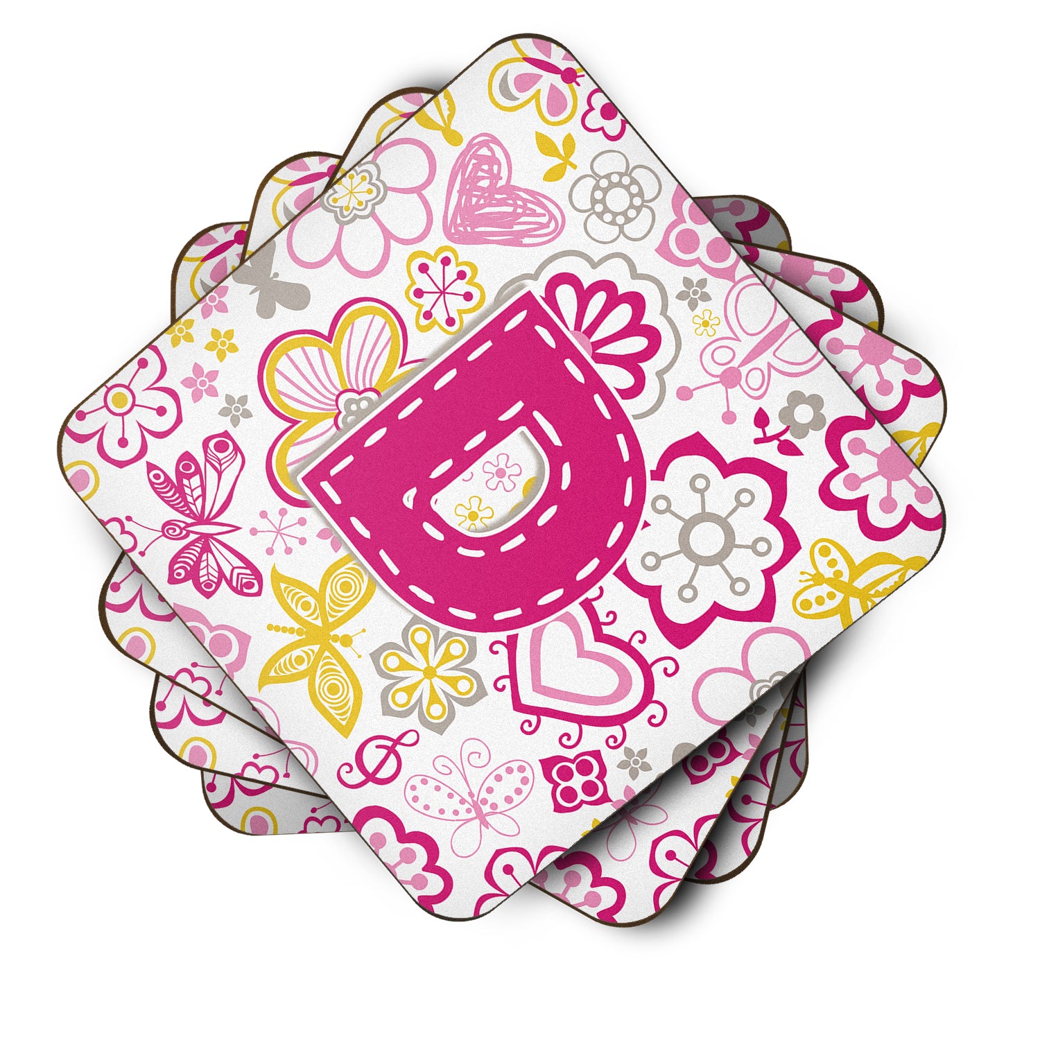 Set of 4 Letter D Flowers and Butterflies Pink Foam Coasters CJ2005-DFC - the-store.com