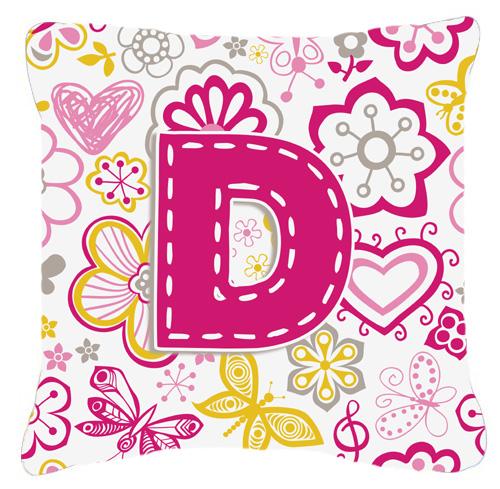 Letter D Flowers and Butterflies Pink Canvas Fabric Decorative Pillow by Caroline's Treasures