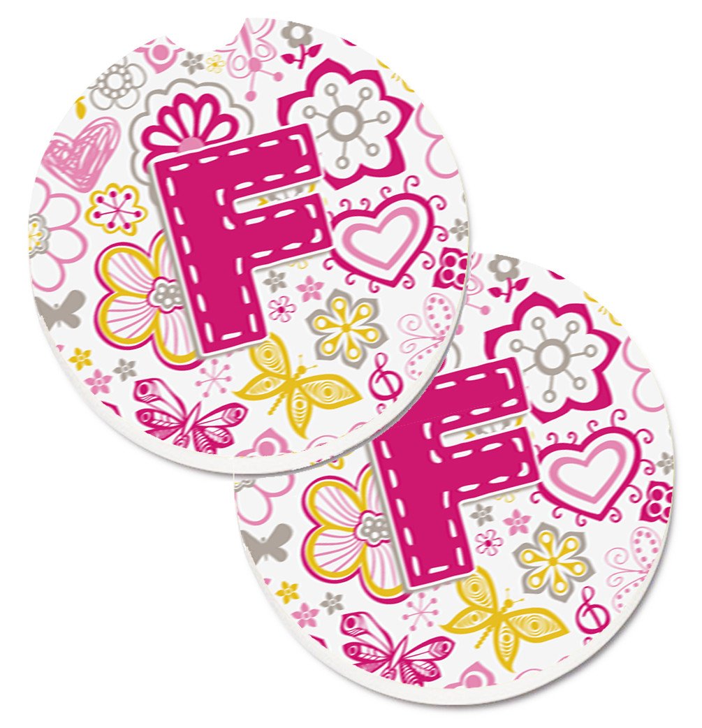 Letter F Flowers and Butterflies Pink Set of 2 Cup Holder Car Coasters CJ2005-FCARC by Caroline's Treasures