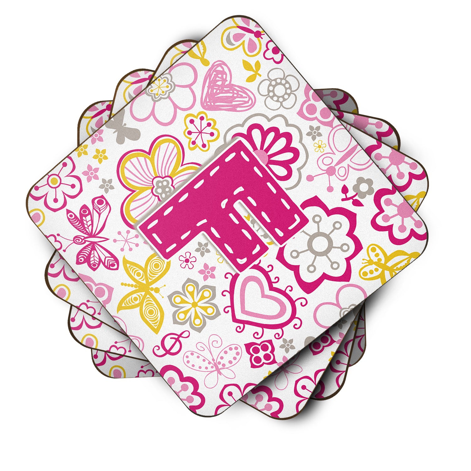 Set of 4 Letter F Flowers and Butterflies Pink Foam Coasters CJ2005-FFC - the-store.com