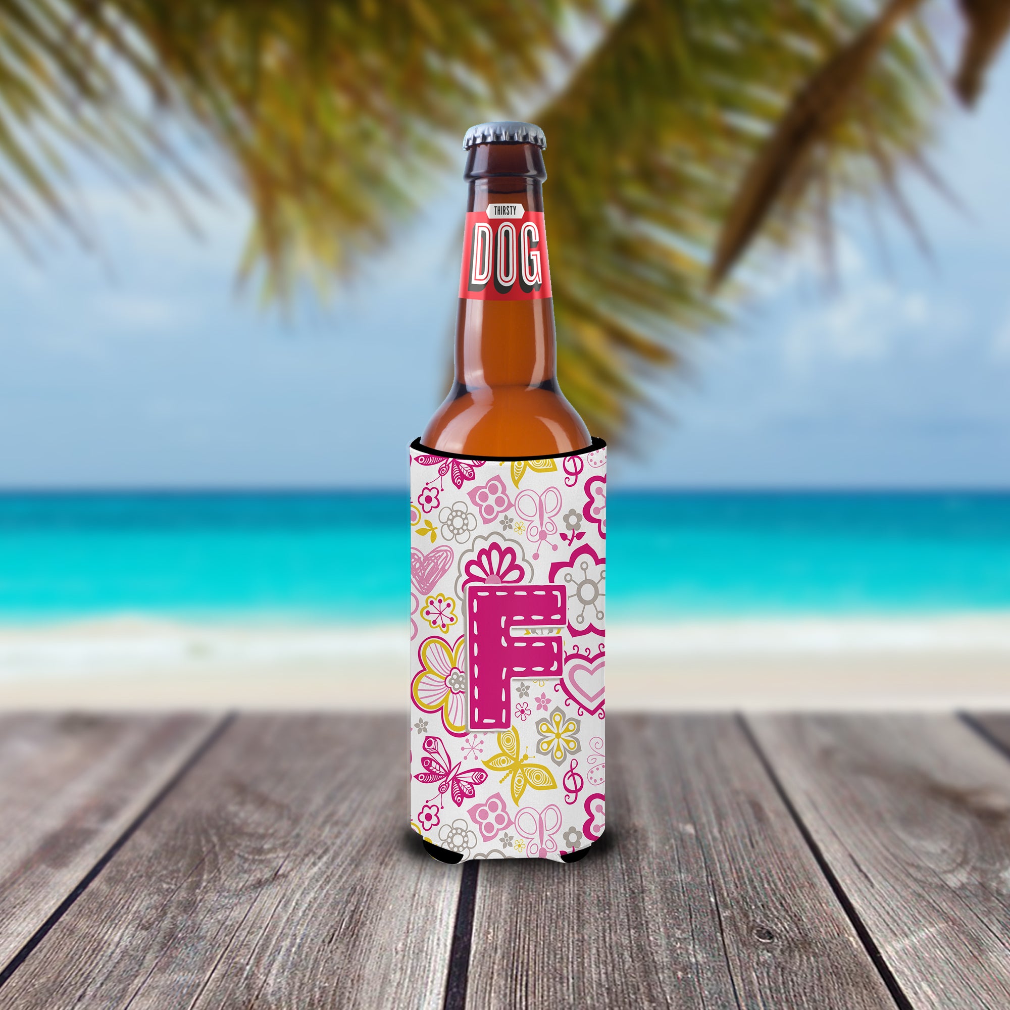 Letter F Flowers and Butterflies Pink Ultra Beverage Insulators for slim cans CJ2005-FMUK