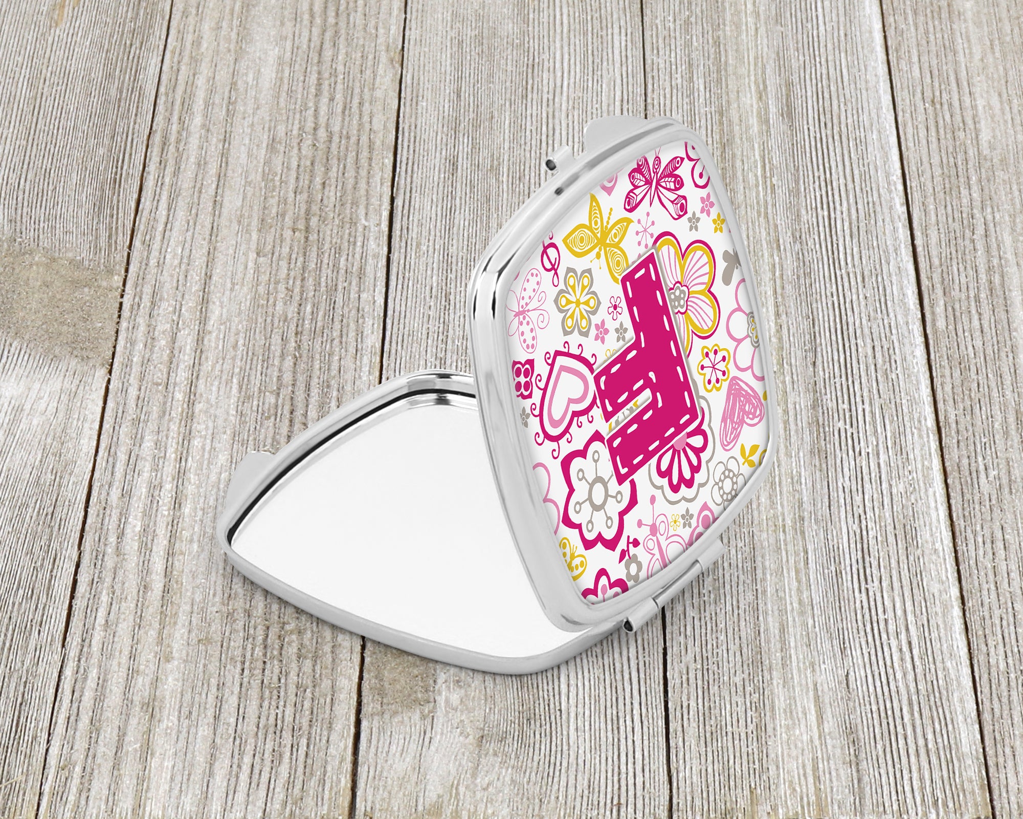 Letter F Flowers and Butterflies Pink Compact Mirror CJ2005-FSCM