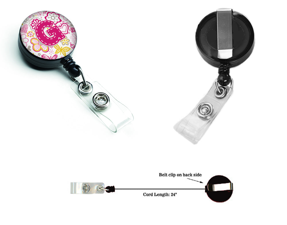 Letter G Flowers and Butterflies Pink Retractable Badge Reel CJ2005-GBR