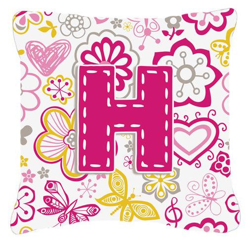 Letter H Flowers and Butterflies Pink Canvas Fabric Decorative Pillow by Caroline&#39;s Treasures