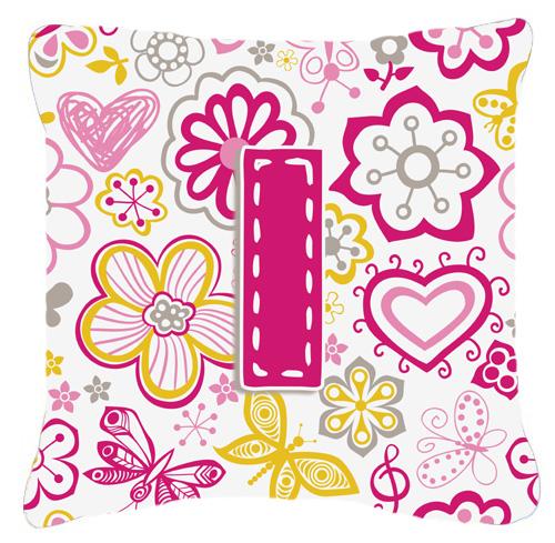 Letter I Flowers and Butterflies Pink Canvas Fabric Decorative Pillow by Caroline's Treasures