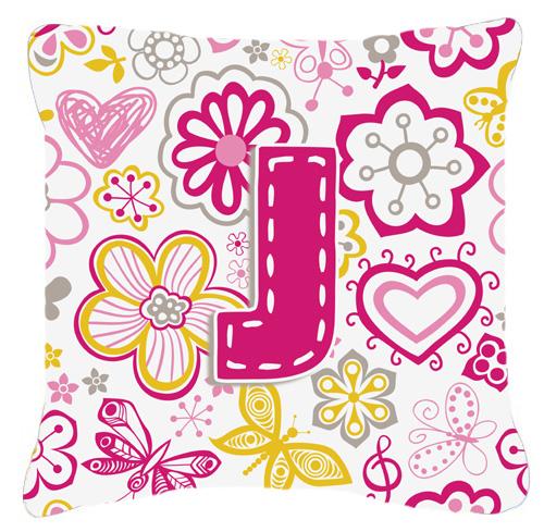 Letter J Flowers and Butterflies Pink Canvas Fabric Decorative Pillow by Caroline's Treasures