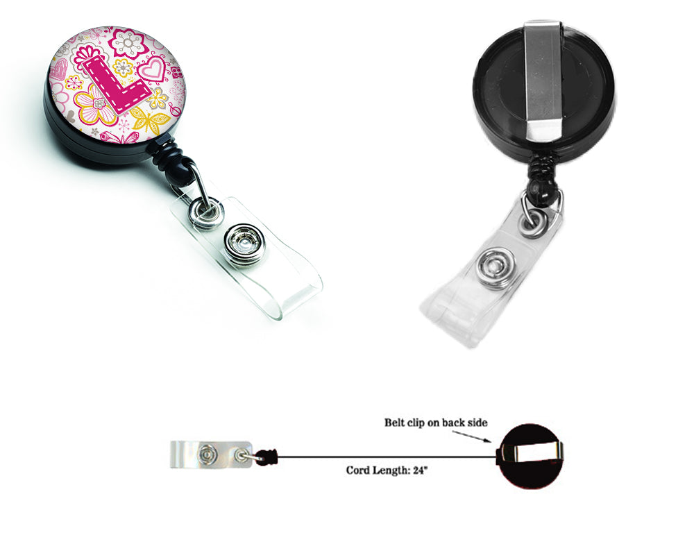 Letter L Flowers and Butterflies Pink Retractable Badge Reel CJ2005-LBR