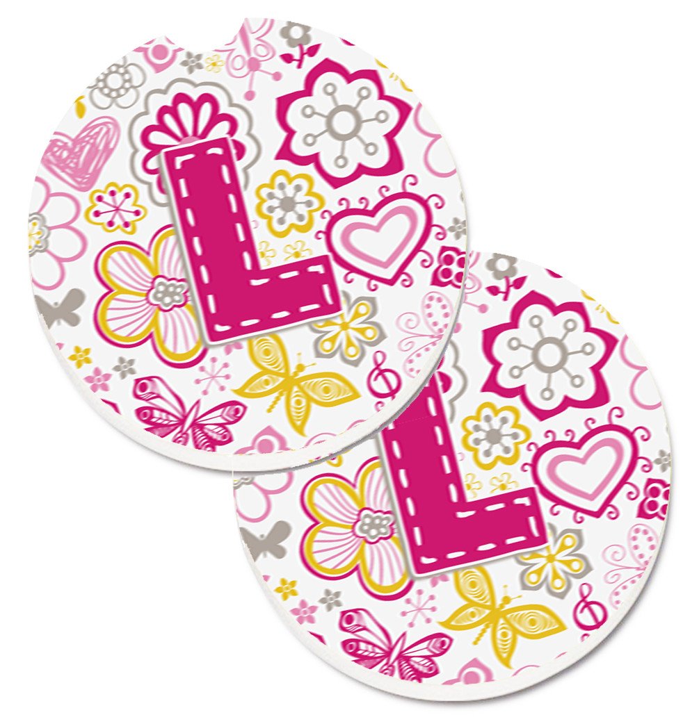 Letter L Flowers and Butterflies Pink Set of 2 Cup Holder Car Coasters CJ2005-LCARC by Caroline's Treasures