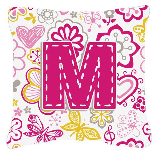 Letter M Flowers and Butterflies Pink Canvas Fabric Decorative Pillow by Caroline&#39;s Treasures