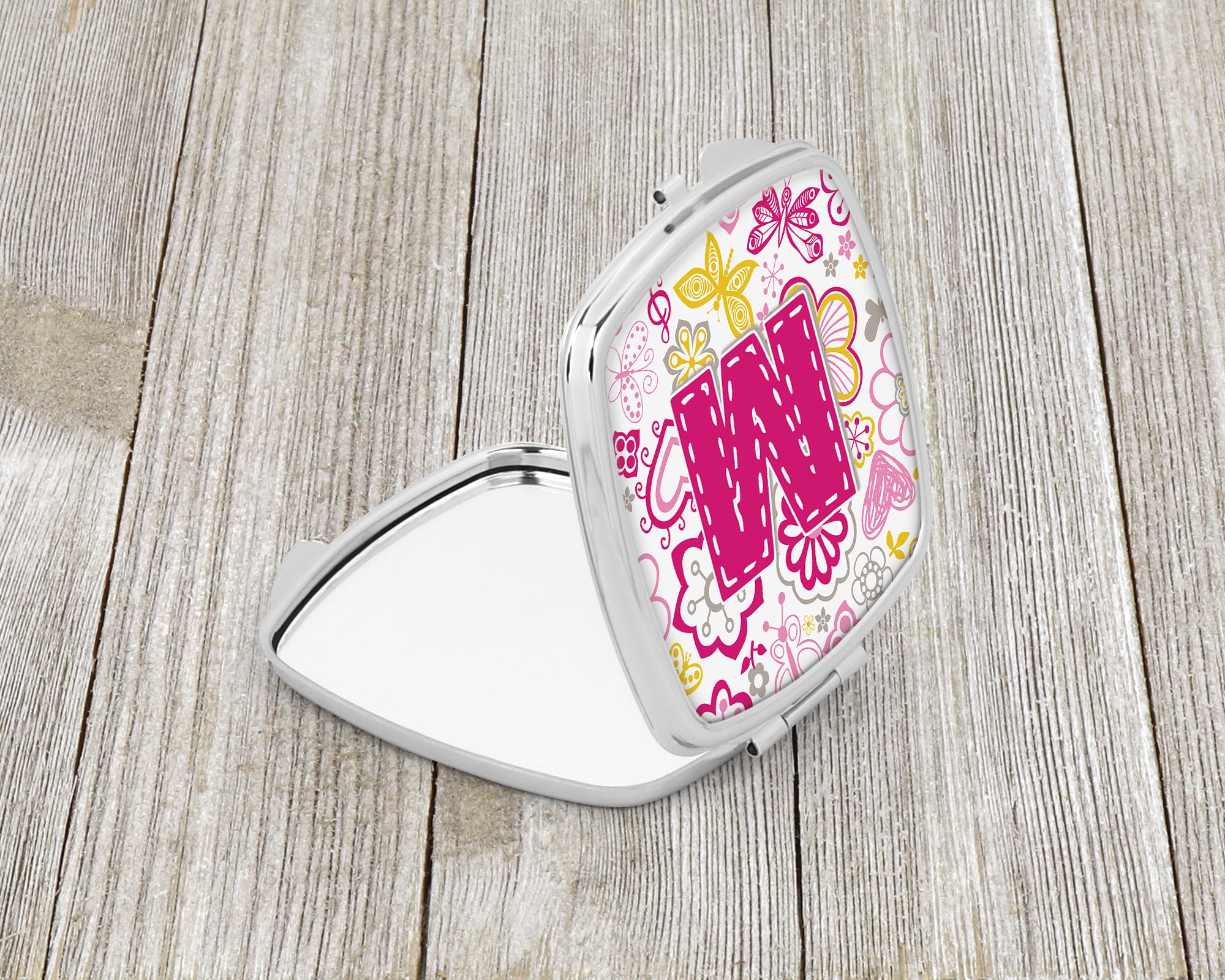 Letter M Flowers and Butterflies Pink Compact Mirror CJ2005-MSCM