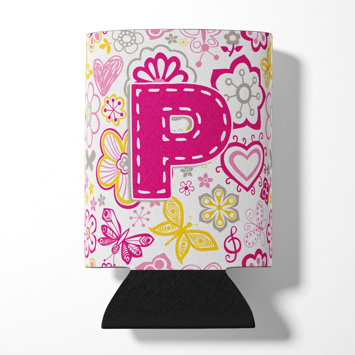 Letter P Flowers and Butterflies Pink Can or Bottle Hugger CJ2005-PCC.