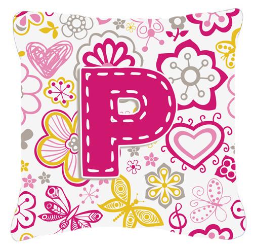Letter P Flowers and Butterflies Pink Canvas Fabric Decorative Pillow by Caroline&#39;s Treasures