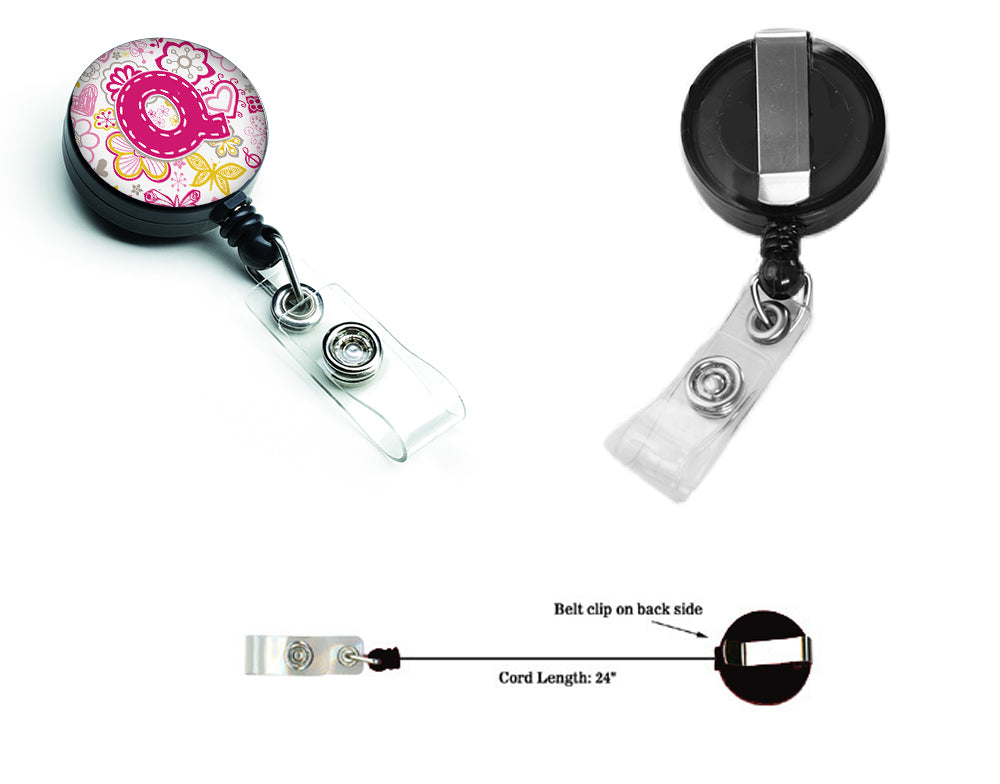 Letter Q Flowers and Butterflies Pink Retractable Badge Reel CJ2005-QBR