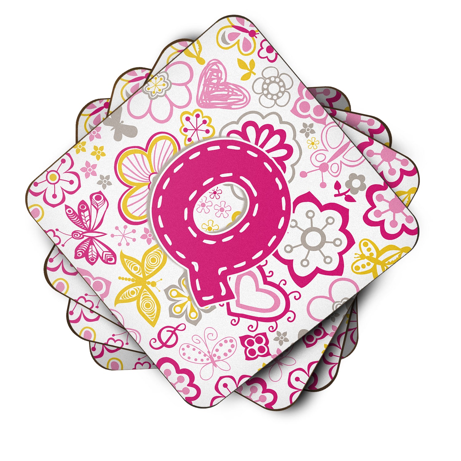 Set of 4 Letter Q Flowers and Butterflies Pink Foam Coasters CJ2005-QFC - the-store.com