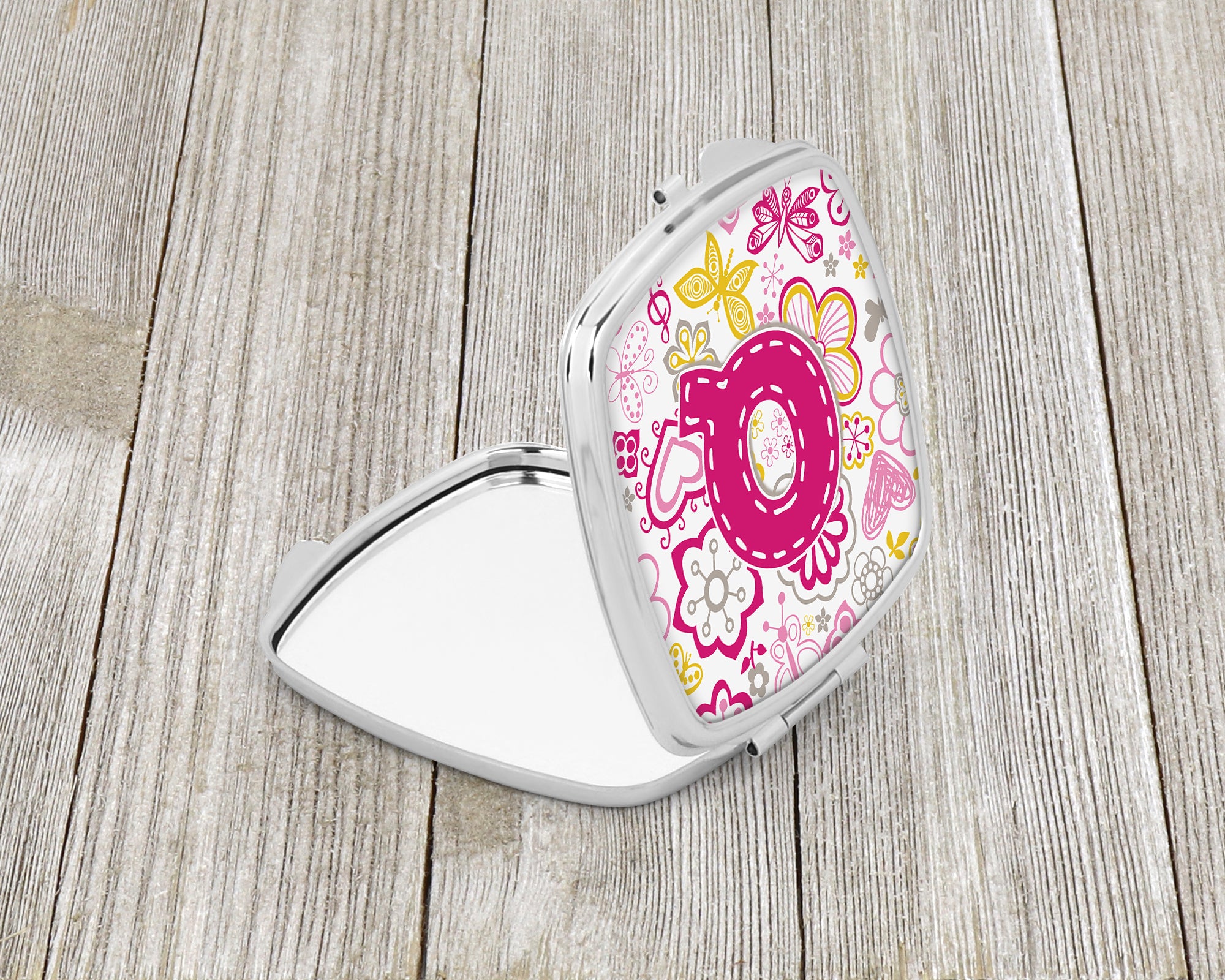 Letter Q Flowers and Butterflies Pink Compact Mirror CJ2005-QSCM