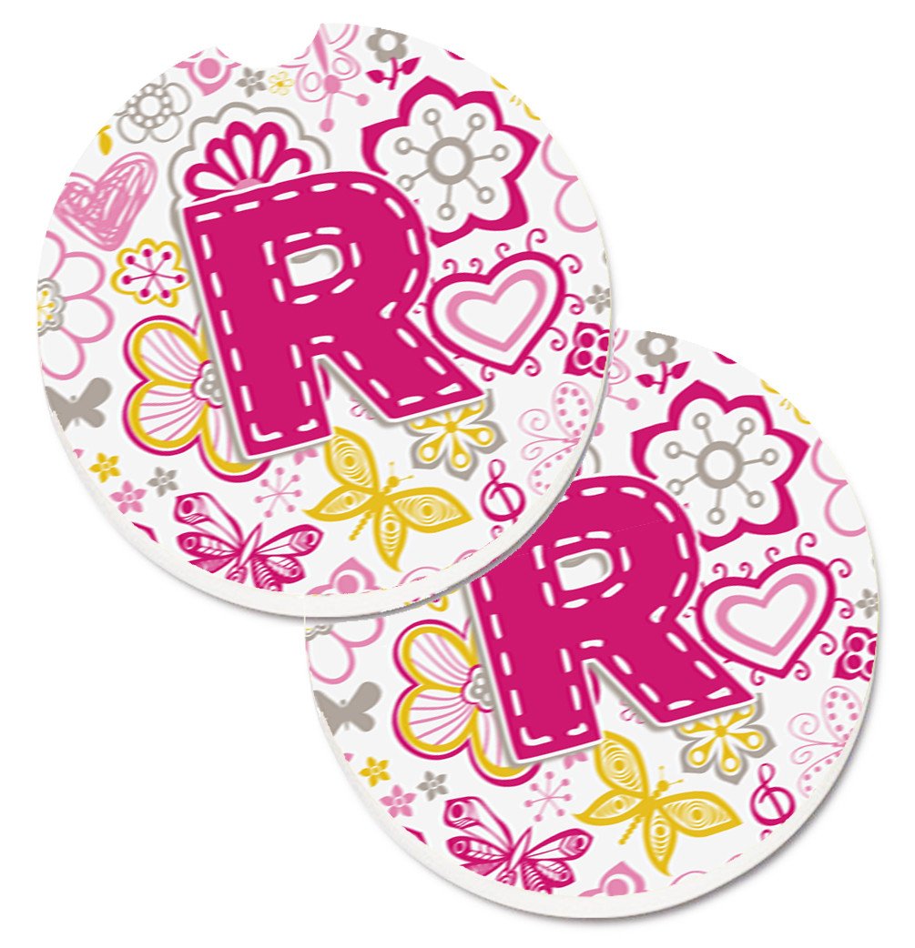 Letter R Flowers and Butterflies Pink Set of 2 Cup Holder Car Coasters CJ2005-RCARC by Caroline's Treasures