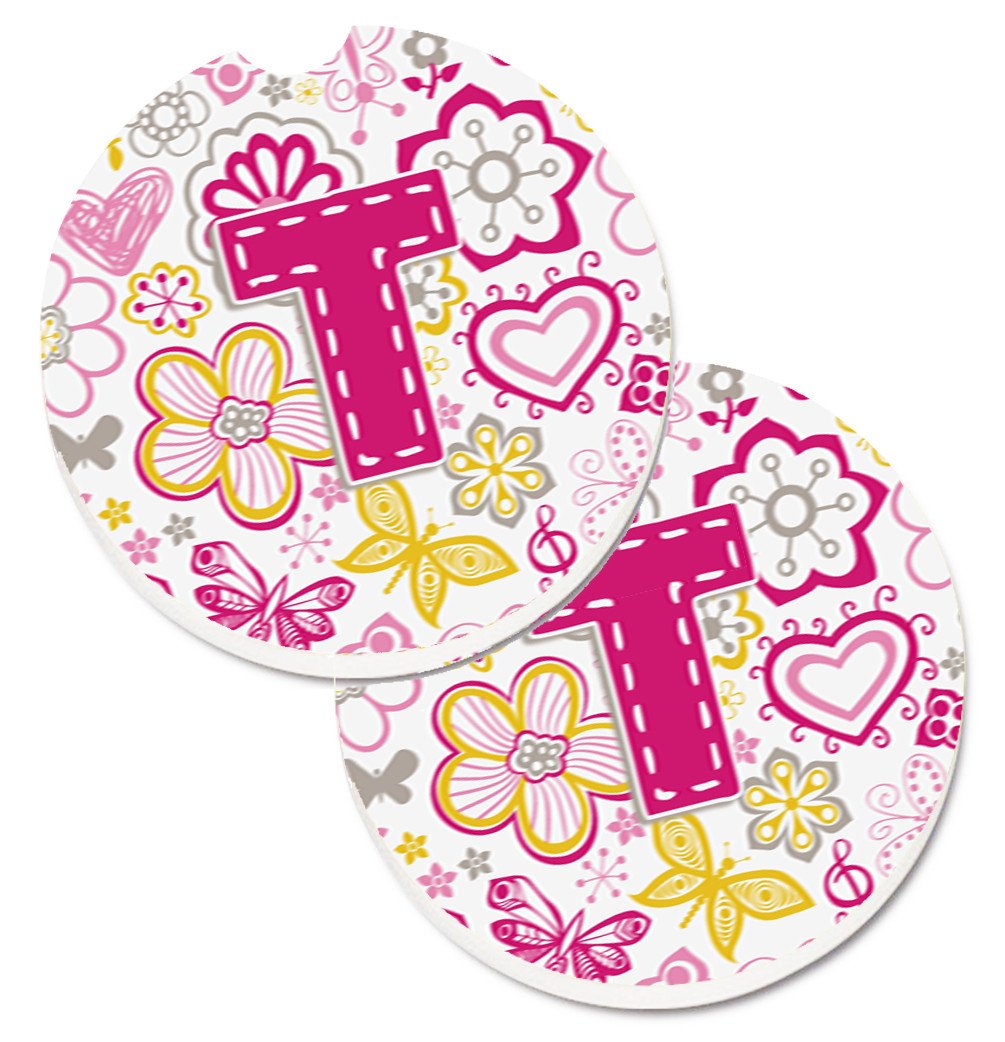 Letter T Flowers and Butterflies Pink Set of 2 Cup Holder Car Coasters CJ2005-TCARC by Caroline's Treasures