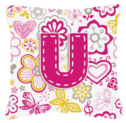 Letter U Flowers and Butterflies Pink Canvas Fabric Decorative Pillow by Caroline's Treasures