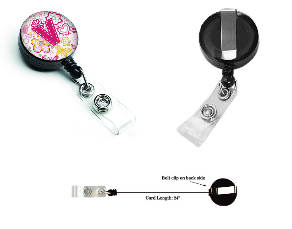 Letter V Flowers and Butterflies Pink Retractable Badge Reel CJ2005-VBR