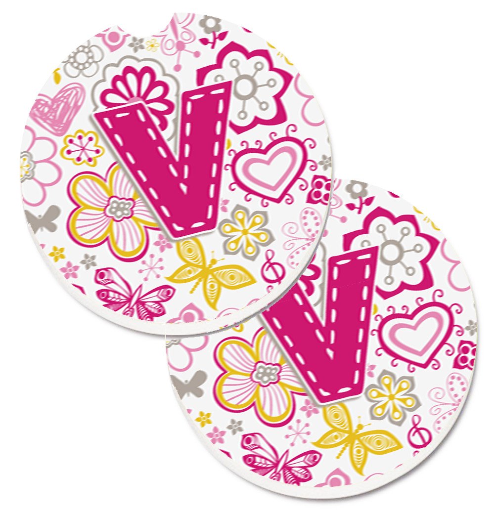 Letter V Flowers and Butterflies Pink Set of 2 Cup Holder Car Coasters CJ2005-VCARC by Caroline's Treasures