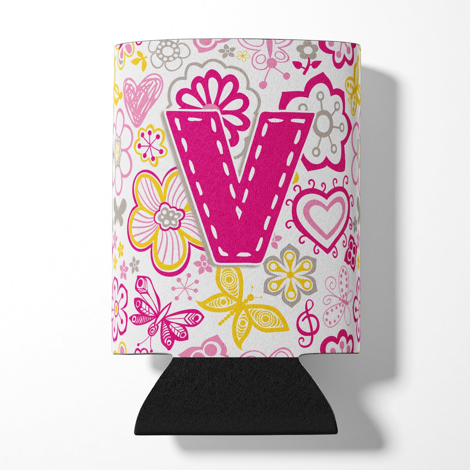 Letter V Flowers and Butterflies Pink Can or Bottle Hugger CJ2005-VCC.