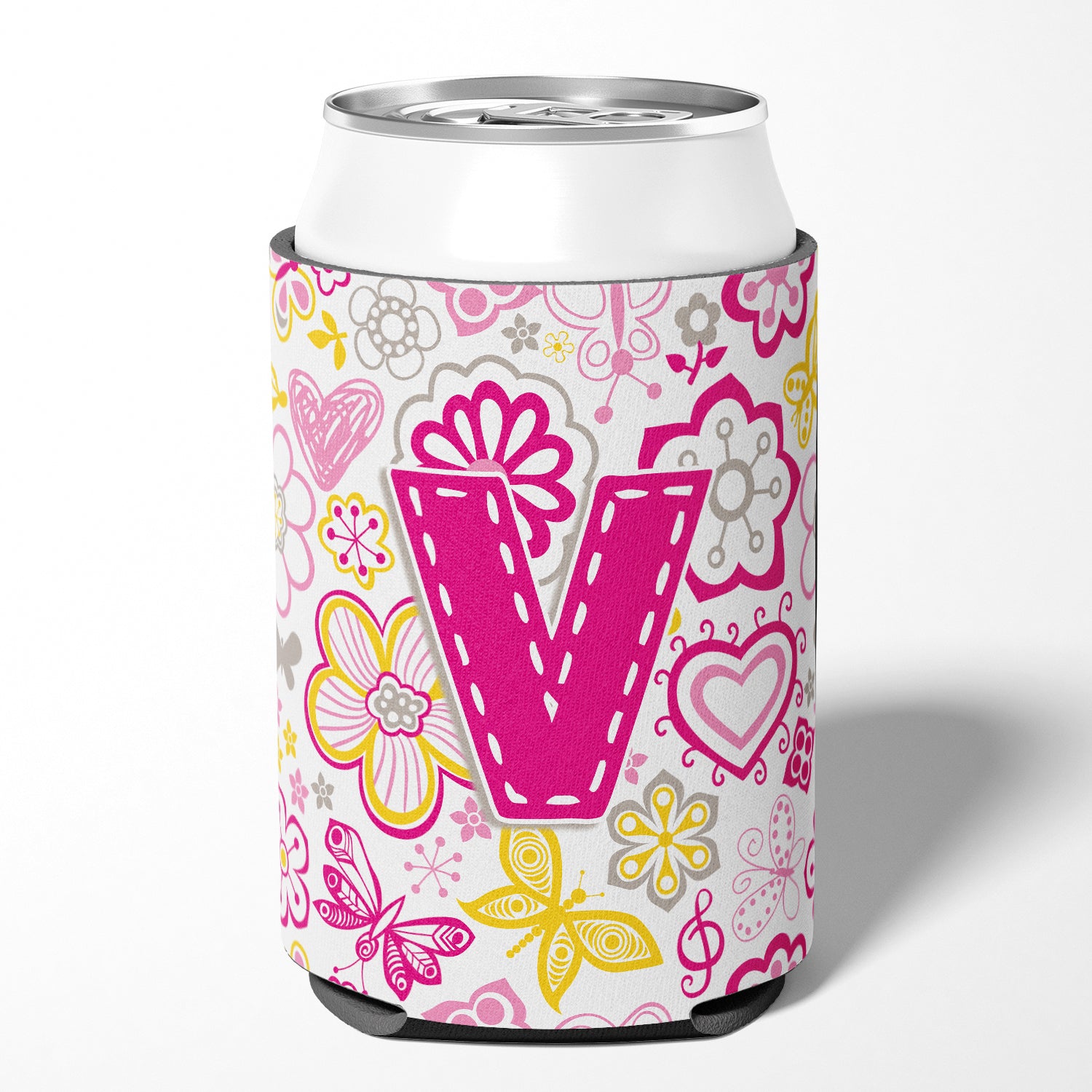 Letter V Flowers and Butterflies Pink Can or Bottle Hugger CJ2005-VCC.