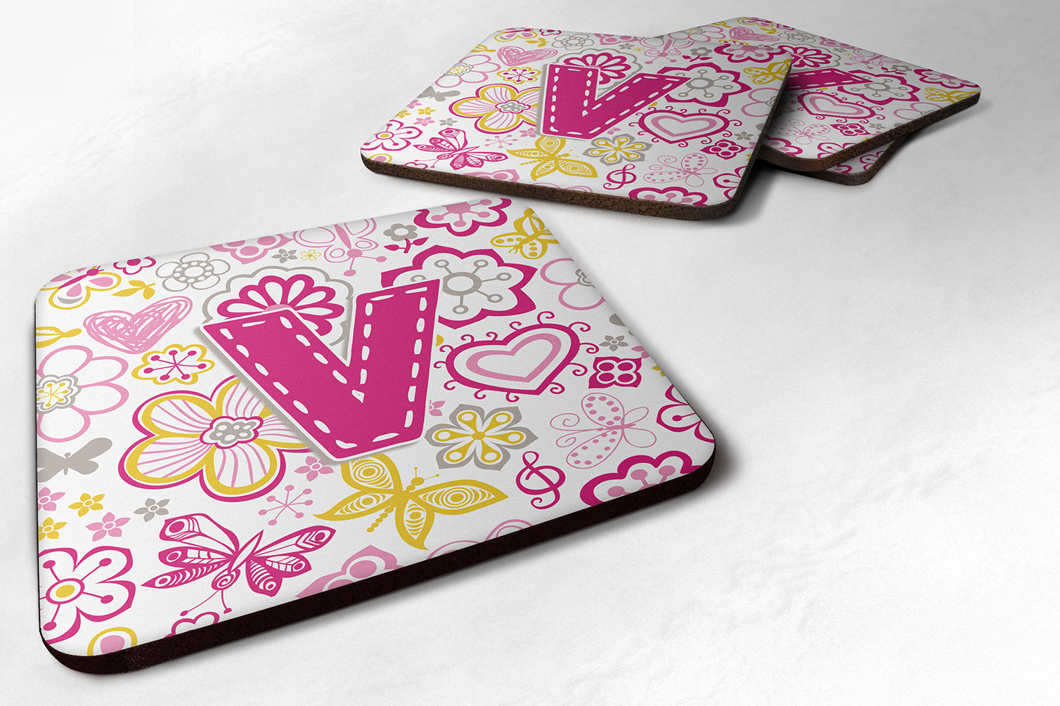 Set of 4 Letter V Flowers and Butterflies Pink Foam Coasters CJ2005-VFC - the-store.com