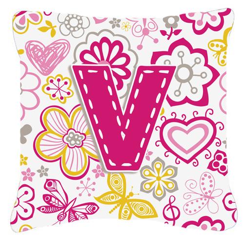 Letter V Flowers and Butterflies Pink Canvas Fabric Decorative Pillow by Caroline's Treasures