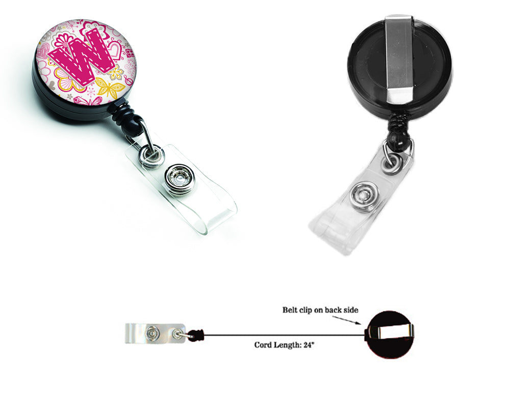 Letter W Flowers and Butterflies Pink Retractable Badge Reel CJ2005-WBR