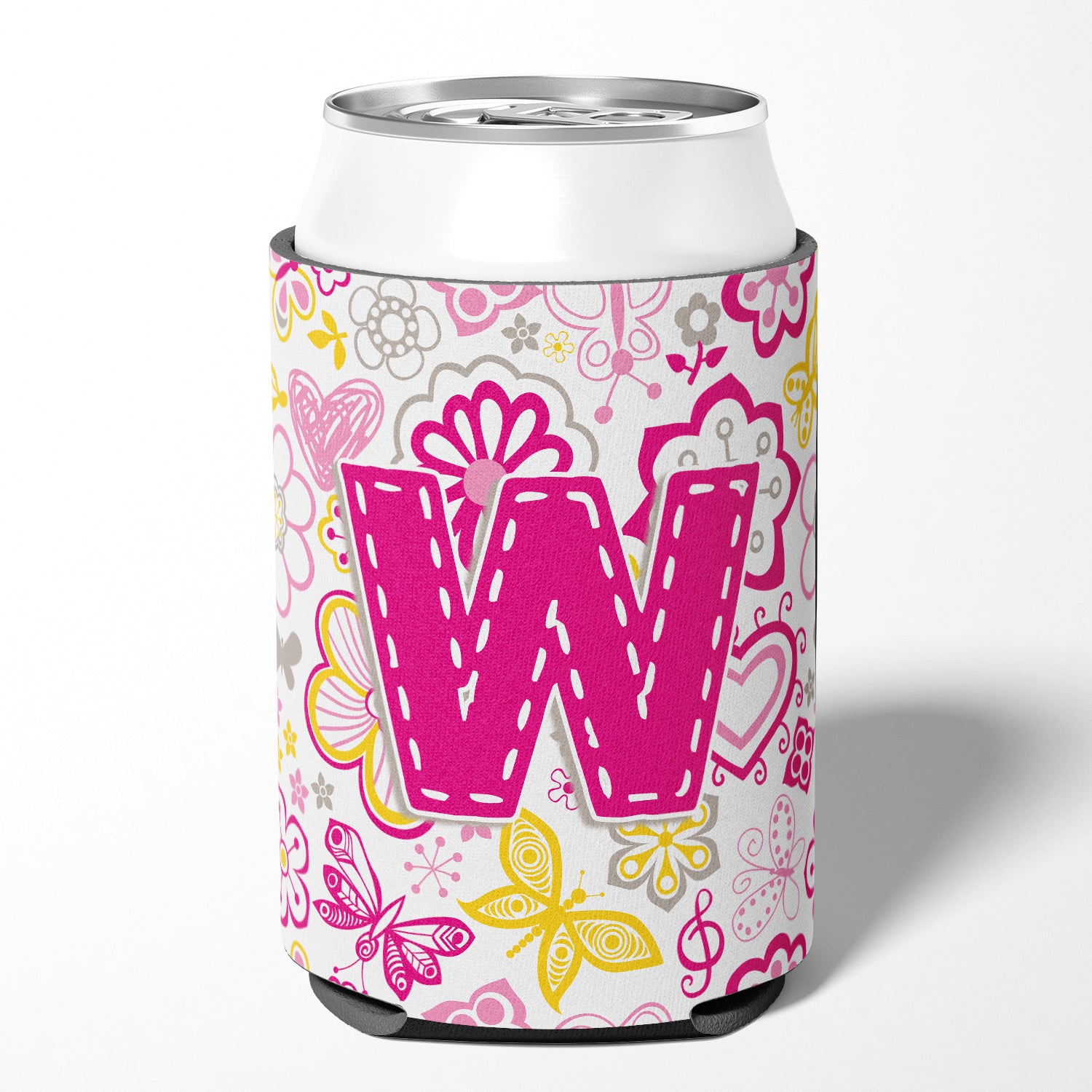Letter W Flowers and Butterflies Pink Can or Bottle Hugger CJ2005-WCC.