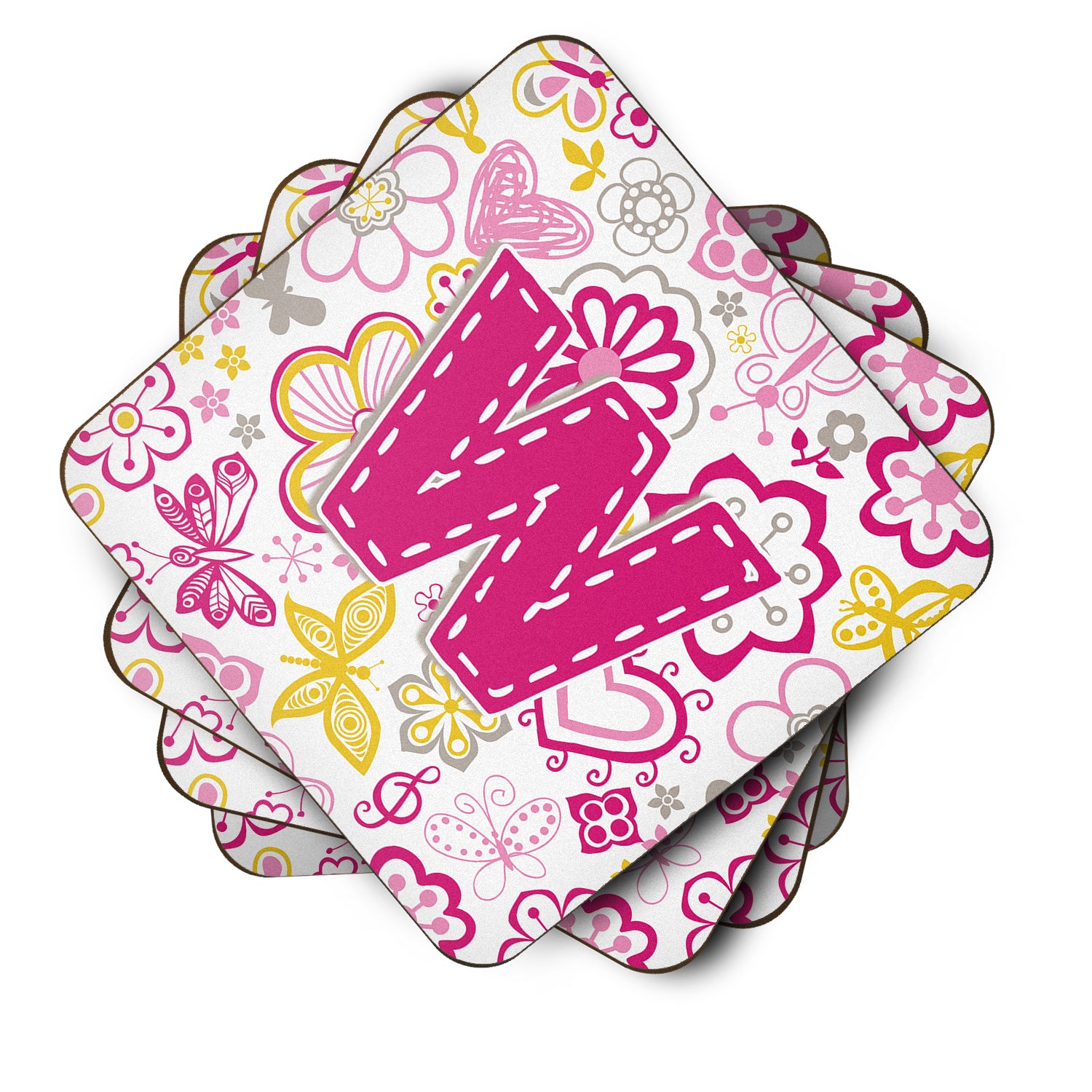 Set of 4 Letter W Flowers and Butterflies Pink Foam Coasters CJ2005-WFC - the-store.com