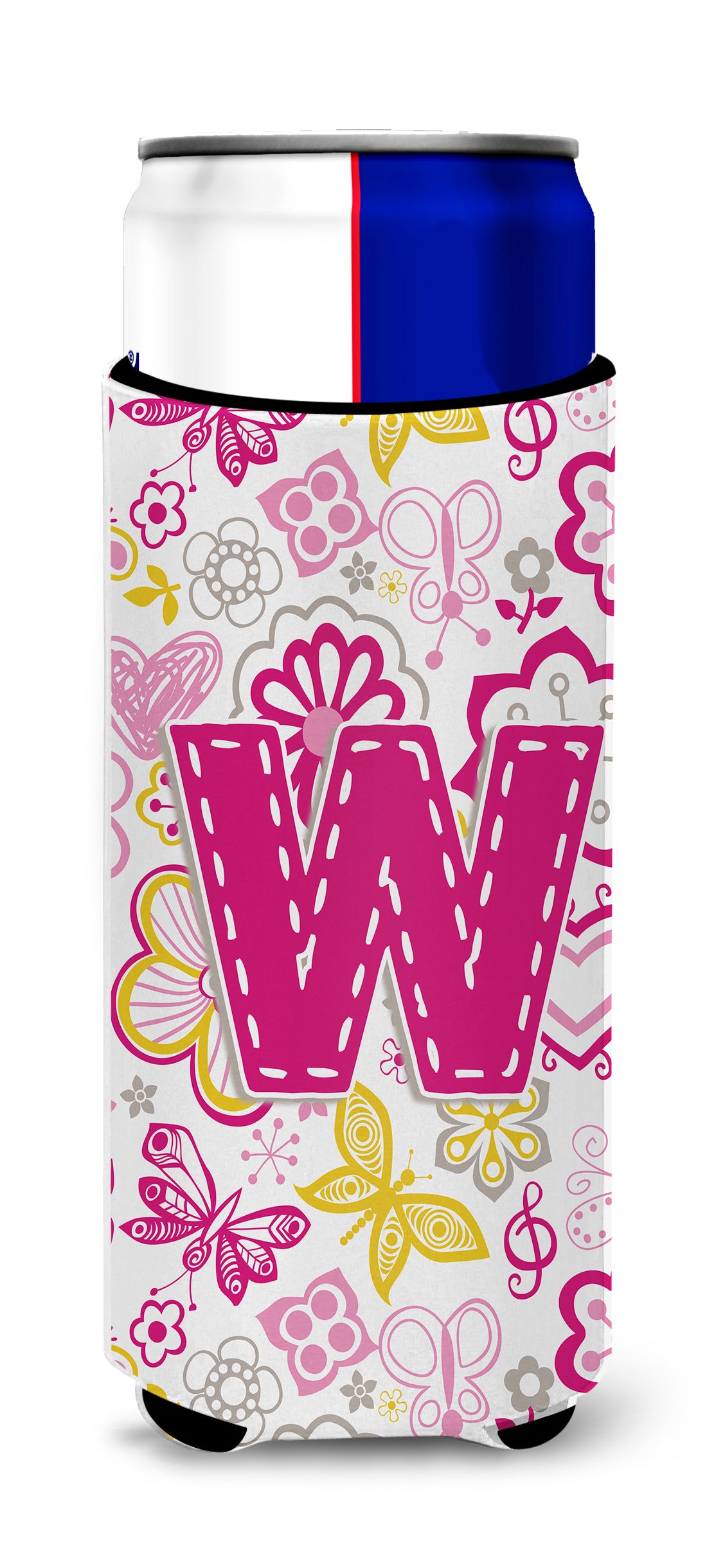 Letter W Flowers and Butterflies Pink Ultra Beverage Insulators for slim cans CJ2005-WMUK.